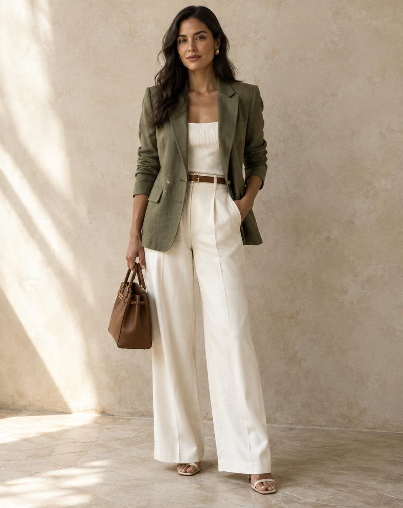 Modelo veste blazer verde da coleção Thiagro